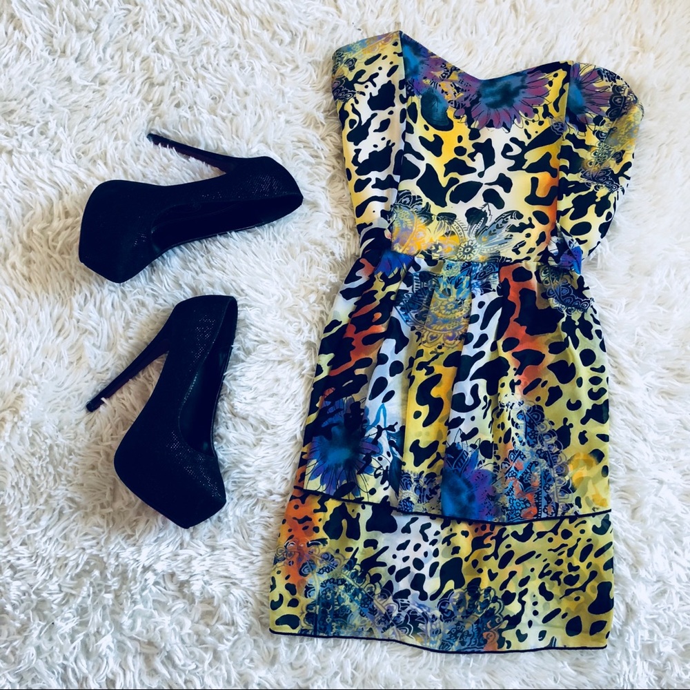 Colorful strapless cheetah print mini dress